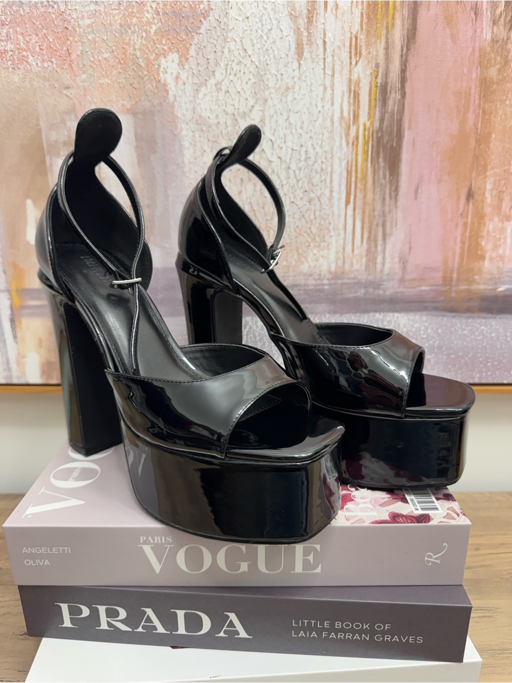 ❤️ Sexy Forever 21 Black Patent Tall Platform High Heel Sandals Ankle Strap